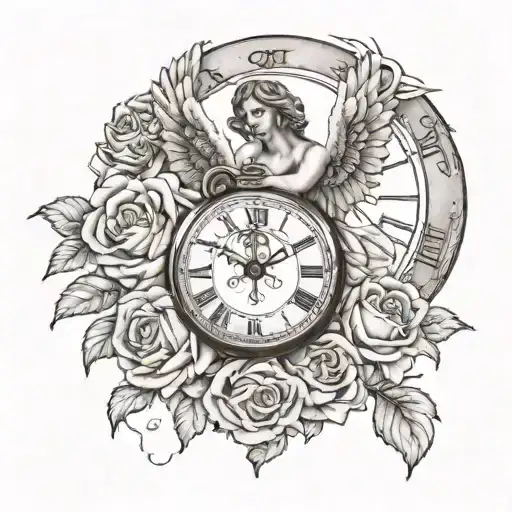 A tattoo depicting an angel holding a clock without hands, symbolizing eternity. The angel is surrounded by roses and fa tattoo design idea