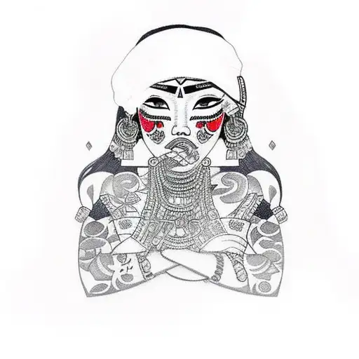 aztec woman gently pulling her lower lip tattoo design idea