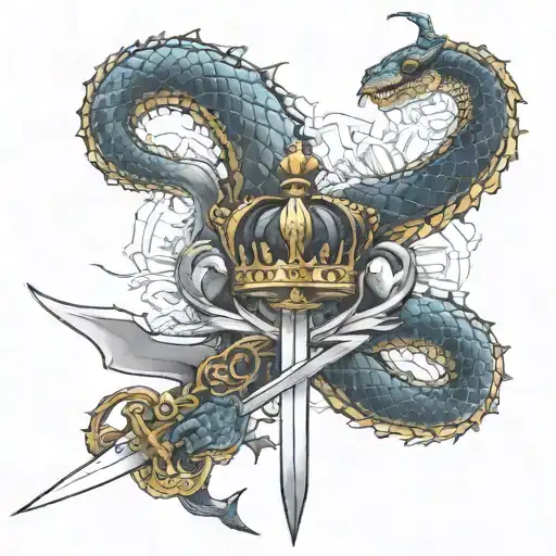 cracked sword with a full snake and crown tattoo design idea