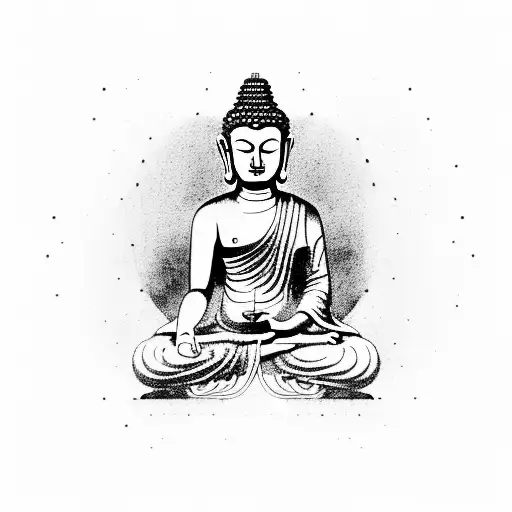 buddha meditating in front of a landscape, with a tiger and a bear fighting tattoo design idea