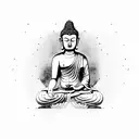 buddha meditating in front of a landscape, with a tiger and a bear fighting tattoo design idea