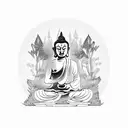 buddha meditating in front of a landscape, with a tiger and a bear fighting tattoo design idea