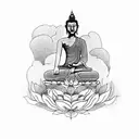 buddha meditating in front of a landscape, with a tiger and a bear fighting tattoo design idea