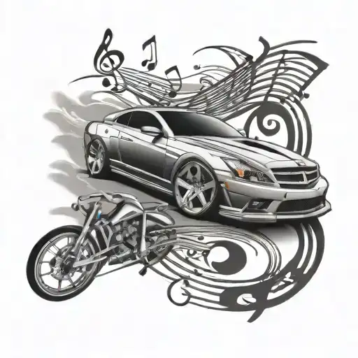 Combine a running track with a luxury car speeding along it, surrounded by musical notes tattoo design idea