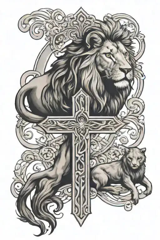 christian cross with lion and lamb tattoo design idea
