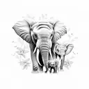 3 elephant family, only head composition (no chest) with some flowers tattoo design idea