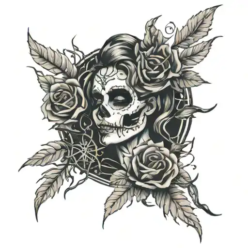 roman style tattoo, skulls, flowers, thorns, knife, spider, womans face  tattoo design idea