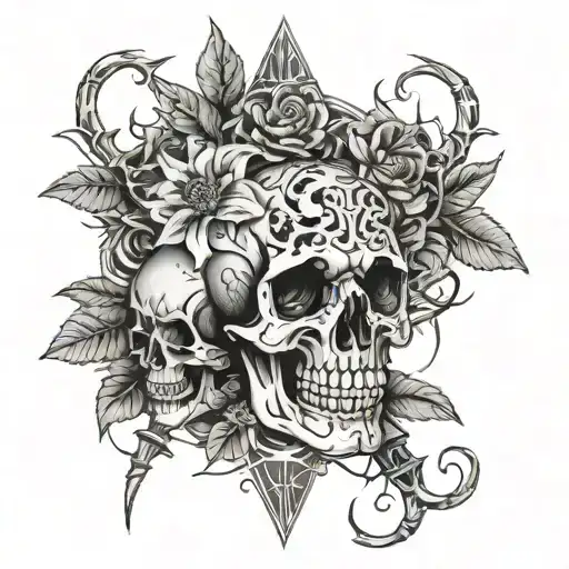 roman style tattoo, skulls, flowers, thorns, knife, spider tattoo design idea