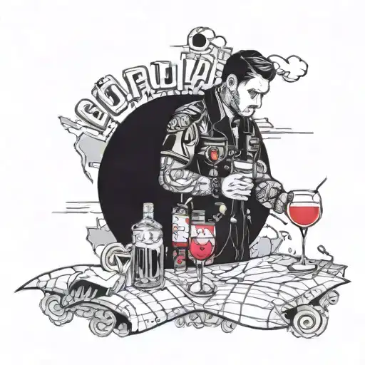 A bartender mixing cocktails in front of a map of Colombia made of swirling colors tattoo design idea