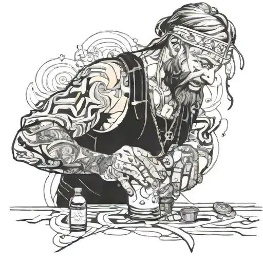 A Viking bartender mixing cocktails in front of a map of Colombia made of swirling colors with rugby players and skating tattoo design idea