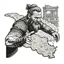 A Viking bartender making flair in front of a map of Colombia with rugby players and skating tattoo design idea