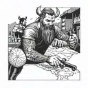 A Viking bartender making flair in front of a map of Colombia with rugby players and skating tattoo design idea