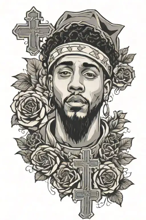 God with flowers and crosses with love yourz j cole tattoo design idea