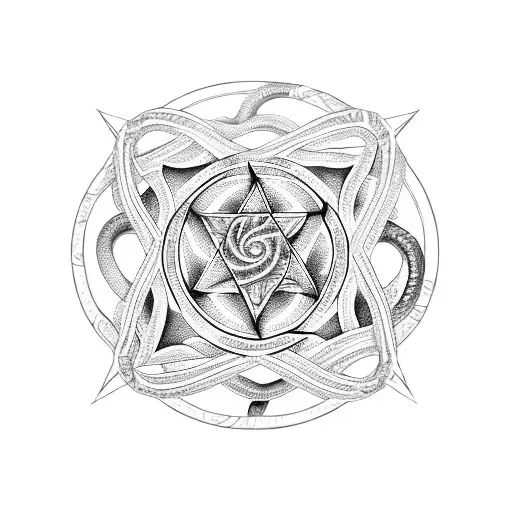 seven snakes in a circle with a pentagram as a center tattoo design idea