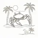 crab on the beach scene with palm trees tattoo design idea