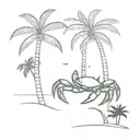 crab on the beach scene with palm trees tattoo design idea