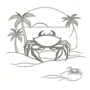 crab on the beach scene with palm trees tattoo design idea