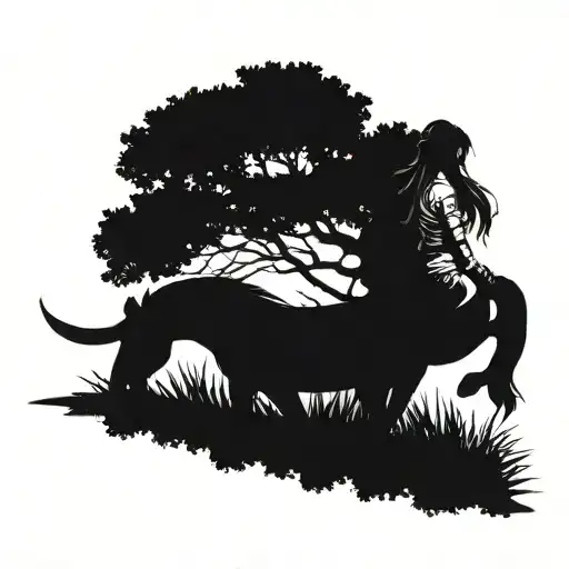 Rowan tree next to female warrior with pig tails and a horse tattoo design idea