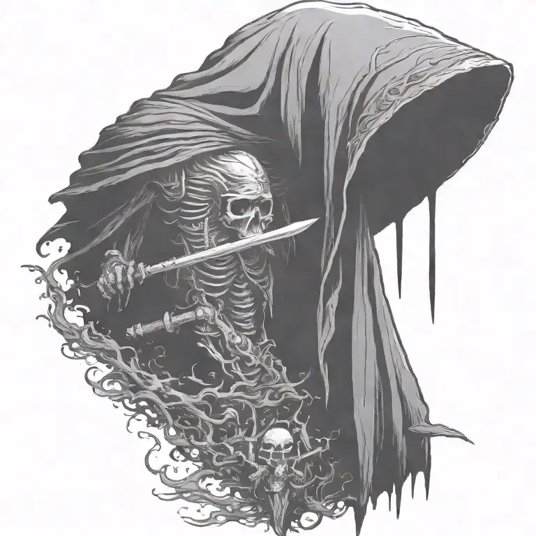 Hooded Reaper Silohuette, Smoke, Fire, Angel wings add element for chest tattoo design idea