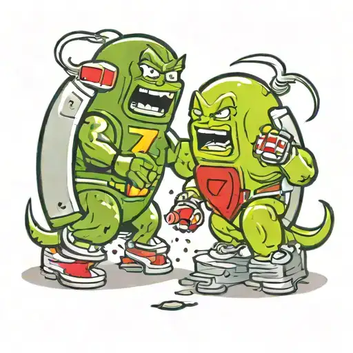 2 cartoon style round pickle chip characters fighting on top of a redbull fridge, mortal Kombat style. 1 is red and  tattoo design idea