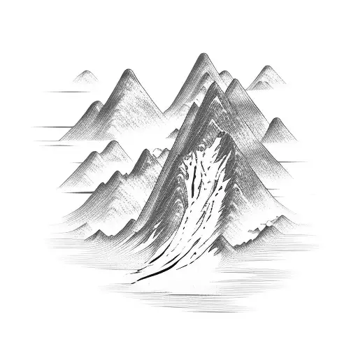 mountains with waterfall in sumie brushstroke style tattoo design idea