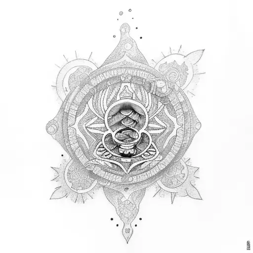 A mandala-inspired tattoo with fine lines and dotwork, depicting a diver exploring an underwater cave tattoo design idea