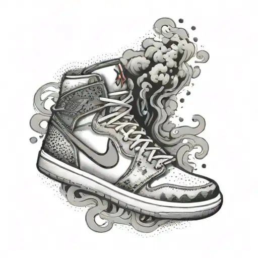 A dotwork tattoo of a stylized Jordan sneaker surrounded by a halo of smoke, representing your passion for sneakers and smoking weed tattoo design idea