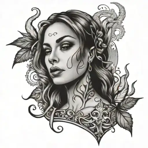 A dotwork tattoo of a beautiful portrait of your wife with smoke tendrils wrapping around her, symbolizing your love for her and smoking weed tattoo design idea