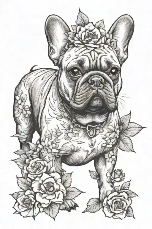 French bulldog and flowers  tattoo design idea