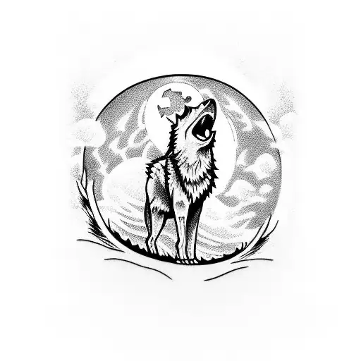A wolf howling at the moon while riding a bike on water tattoo design idea