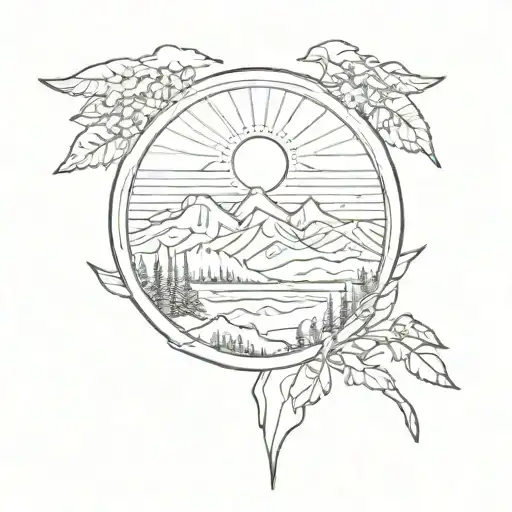 A sketch style tattoo of a sunrise over mountains with the text 'Psalm 23:4' incorporated into the design tattoo design idea