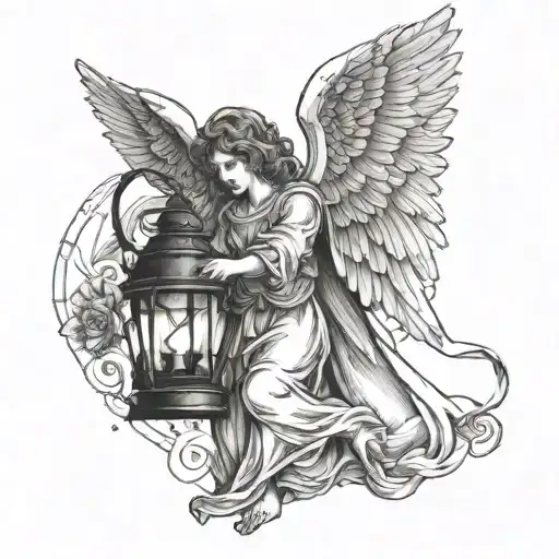 A detailed blackwork tattoo of an angel holding a lantern, symbolizing guidance and protection in times of darkness tattoo design idea