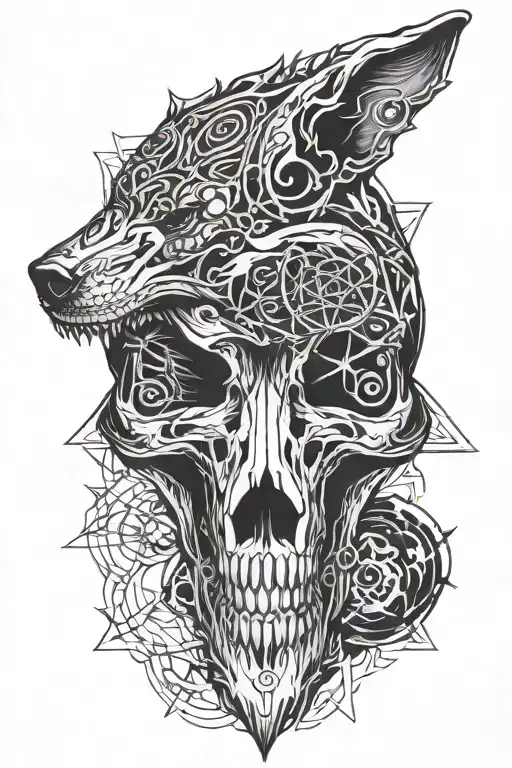 symetrical wolf skull open around a single ice crystal in the center of the pitch black mouth tattoo design idea