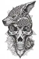 symetrical wolf skull open around a single ice crystal in the center of the pitch black mouth tattoo design idea
