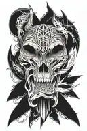 wolf skull symmetrically open around a single ice crystal with teeth clamping down on the crystal  tattoo design idea