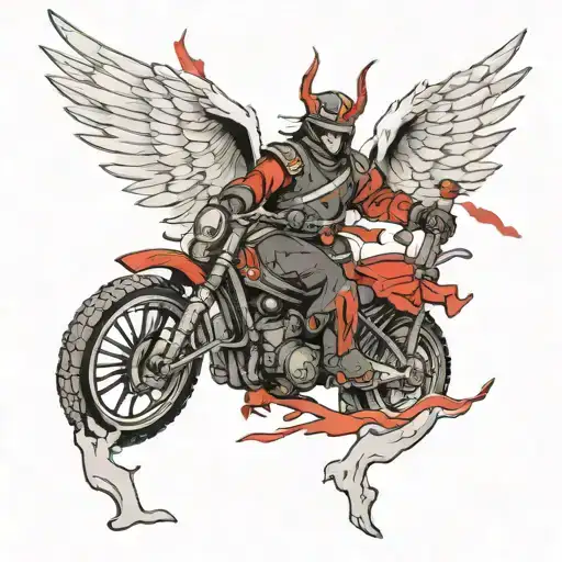 Generate for me a desgin of a tattoo  Samurai  with a devil wing  and a broken angel wing  Broken helmet  Bleeding  Knee tattoo design idea