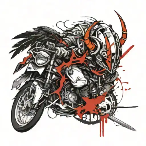 Generate for me a desgin of a tattoo  Samurai  with a devil wing  and a broken angel wing  Broken helmet  Bleeding  Knee tattoo design idea
