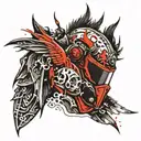 Generate for me a desgin of a tattoo  Samurai  with a devil wing  and a broken angel wing  Broken helmet  Bleeding  Knee tattoo design idea