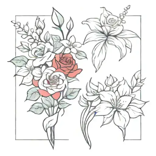 red rose, white rose, blue begonia, Lily, bouquet with vase tattoo design idea