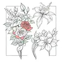 red rose, white rose, blue begonia, Lily, bouquet with vase tattoo design idea