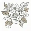 red rose, white rose, blue begonia, Lily, bouquet with vase tattoo design idea