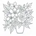 red rose, white rose, blue begonia, Lily, bouquet with vase tattoo design idea