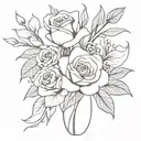 red rose, white rose, blue begonia, Lily, bouquet with vase tattoo design idea