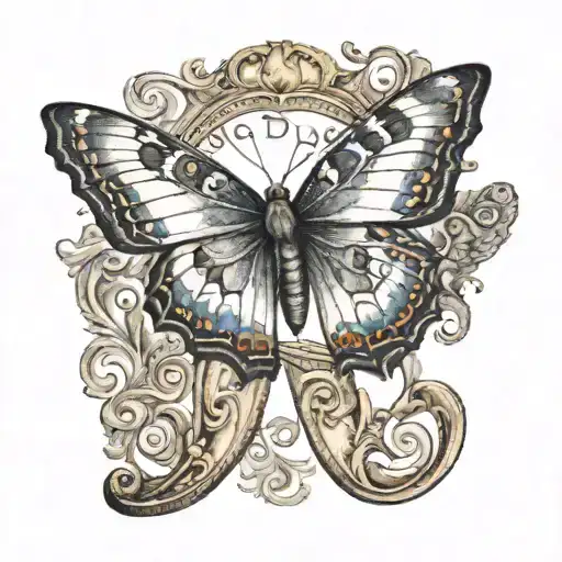 A butterfly with masculine colors landing on the letter “D” tattoo design idea