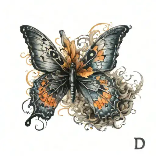 A butterfly with masculine colors landing on the letter “D” tattoo design idea
