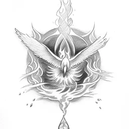 A tattoo depicting the four forms of the Holy Spirit (water, fire, oil, wind) with a white dove tattoo design idea
