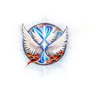 A tattoo depicting the four forms of the Holy Spirit (water, fire, oil, wind) with a white dove tattoo design idea