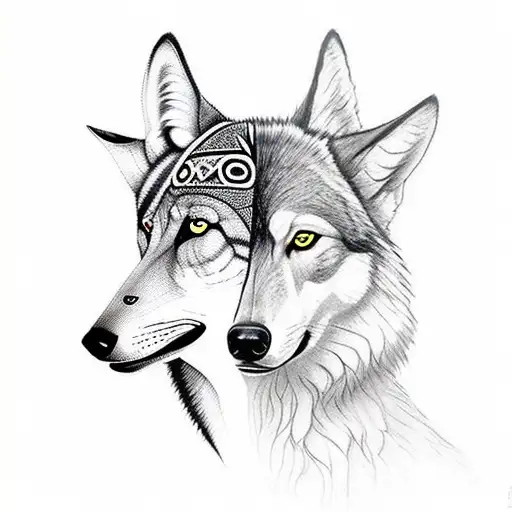 a face of a native woman from brazil with a wolf guara in her head tattoo design idea