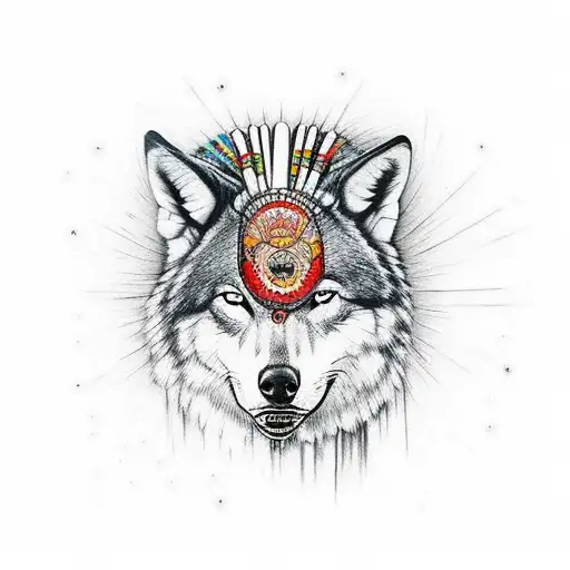 a face of a native woman from brazil with a wolf guara in her head tattoo design idea