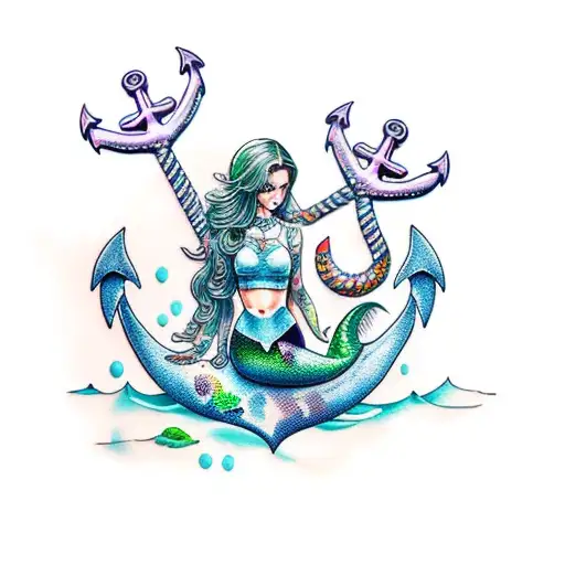 anchor and mermaids with colour splash tattoo design idea